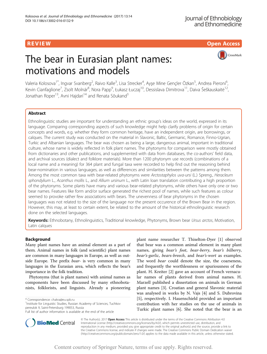 pdf the bear in eurasian plant names motivations and models