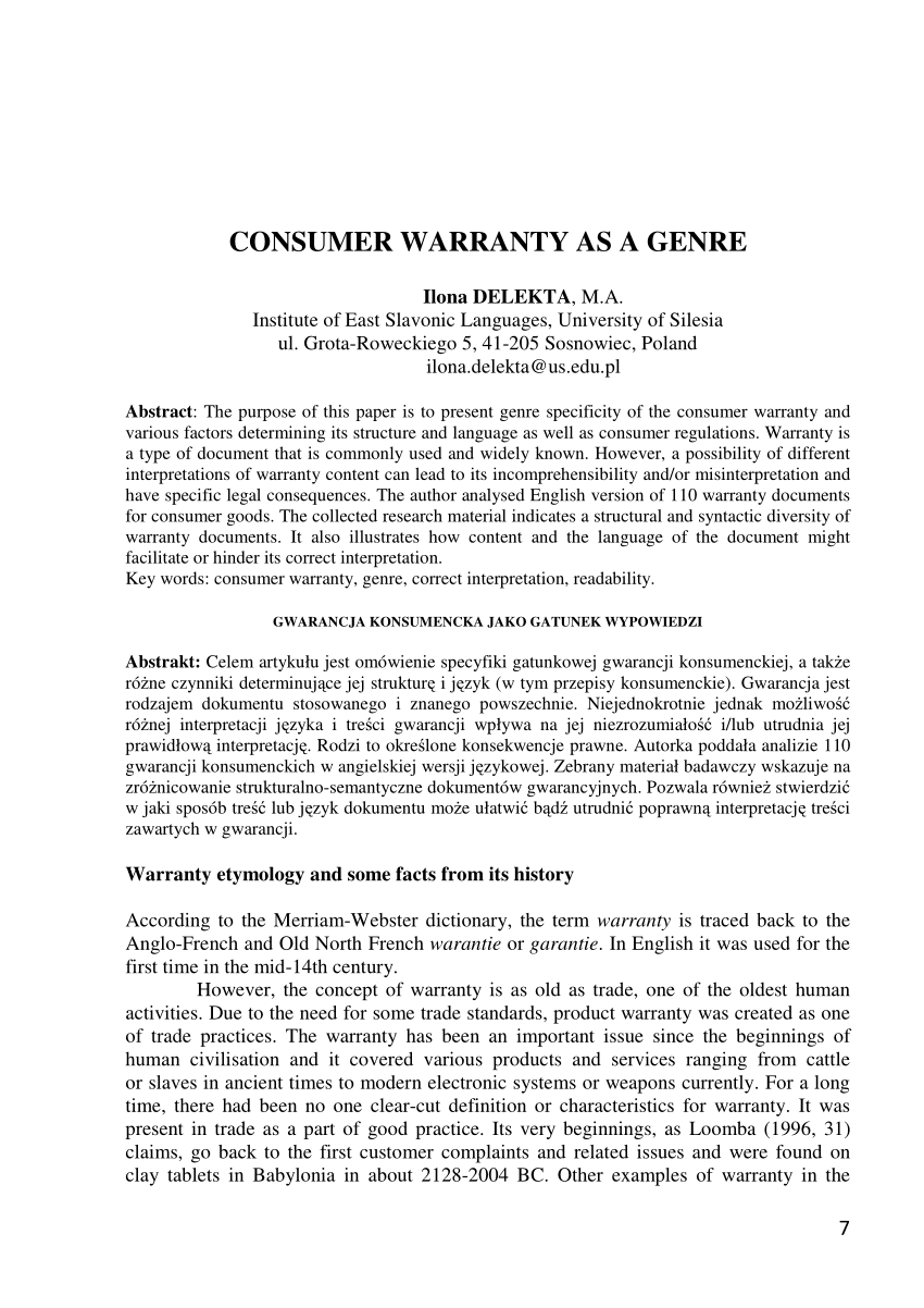 PDF) CONSUMER WARRANTY AS A GENRE Inside product warranty agreement template