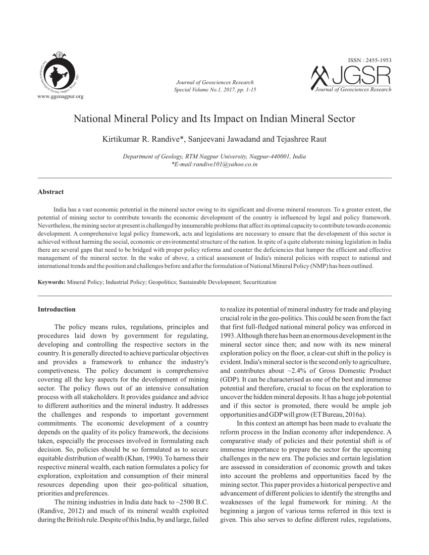 Pdf National Mineral Policy And Its Impact On Indian Mineral Sector 8501