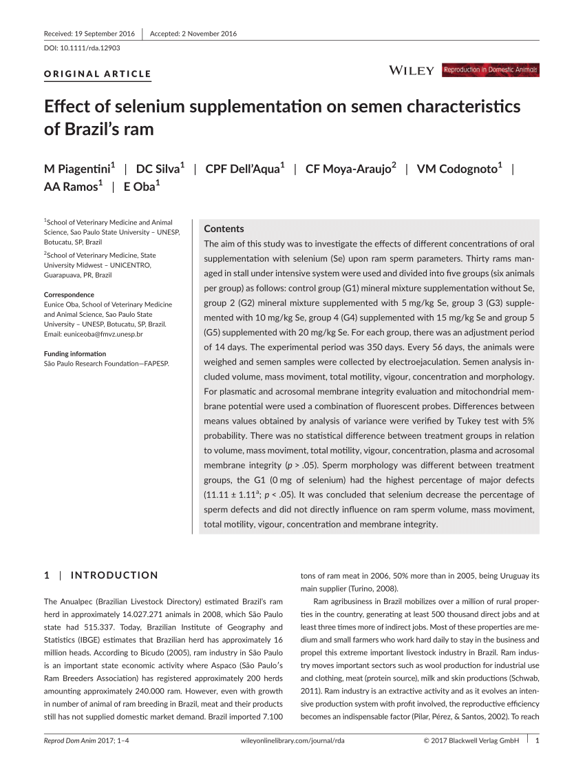 PDF) Effect of selenium supplementation on semen characteristics of  Brazil's ram