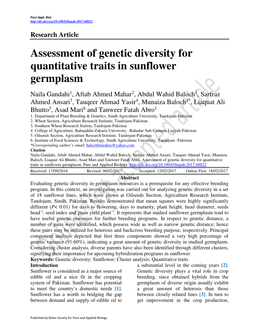 pdf-assessment-of-genetic-diversity-for-quantitative-traits-in-sunflower-germplasm