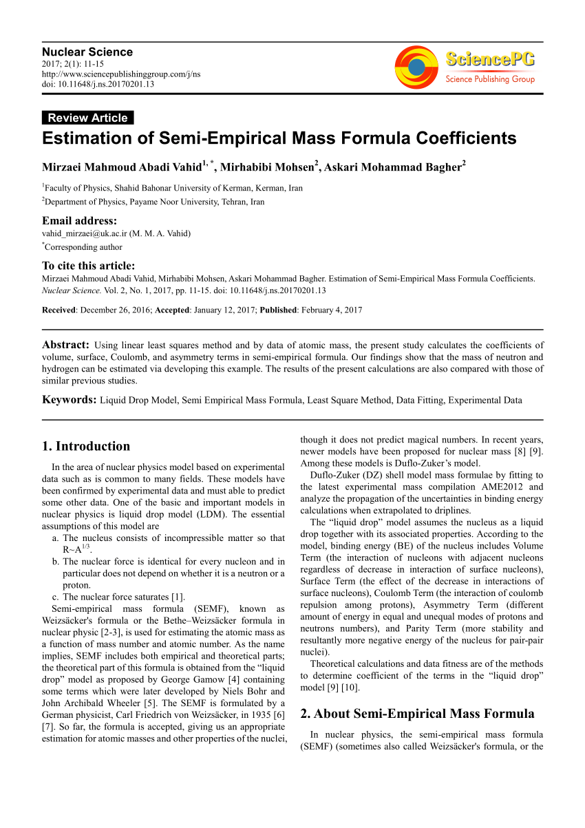 Pdf Estimation Of Semi Empirical Mass Formula Coefficients