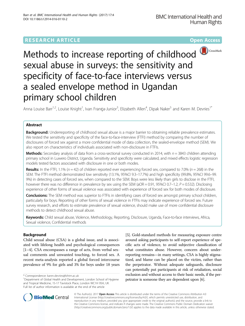 PDF) Methods to increase reporting of childhood sexual abuse in surveys:  The sensitivity and specificity of face-to-face interviews versus a sealed  envelope method in Ugandan primary school children