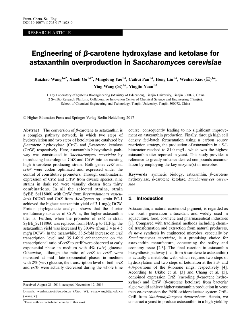 Pdf Engineering Of B Carotene Hydroxylase And Ketolase For Astaxanthin Overproduction In Saccharomyces Cerevisiae