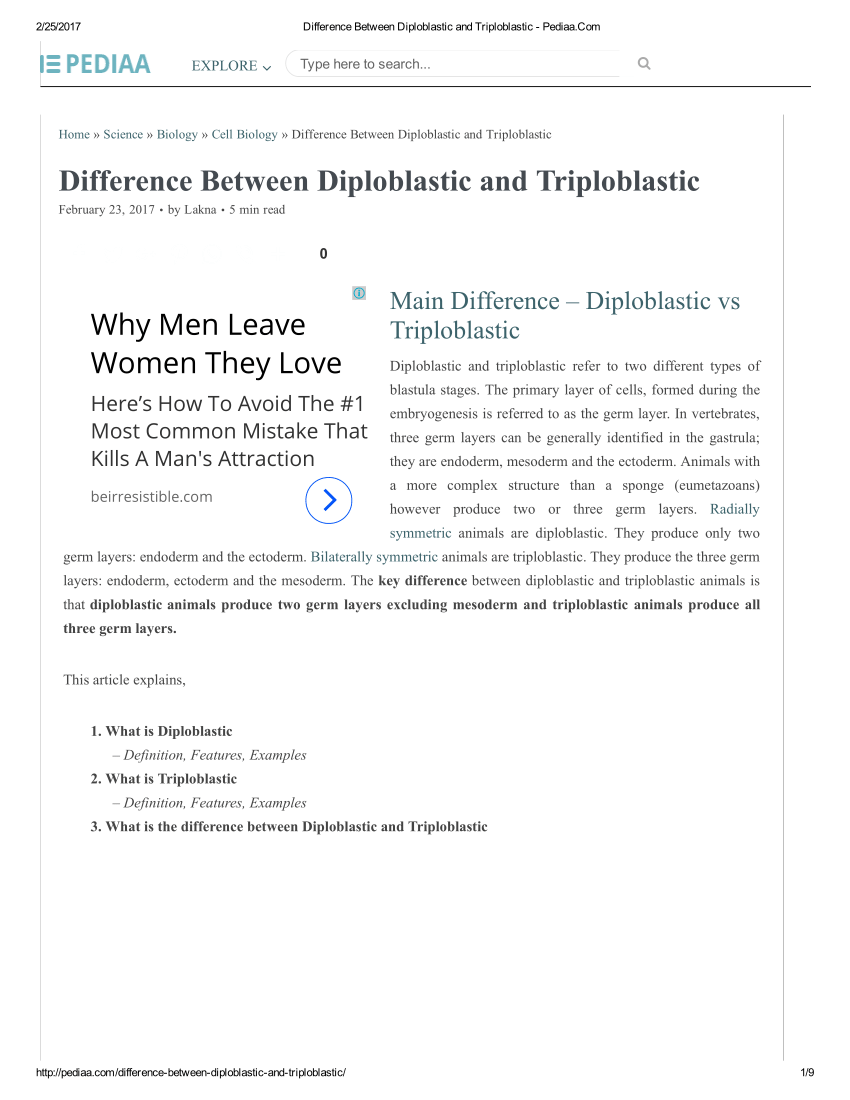 PDF) Home » Science » Biology » Cell Biology » Difference Between  Diploblastic and Triploblastic Difference Between Diploblastic and  Triploblastic