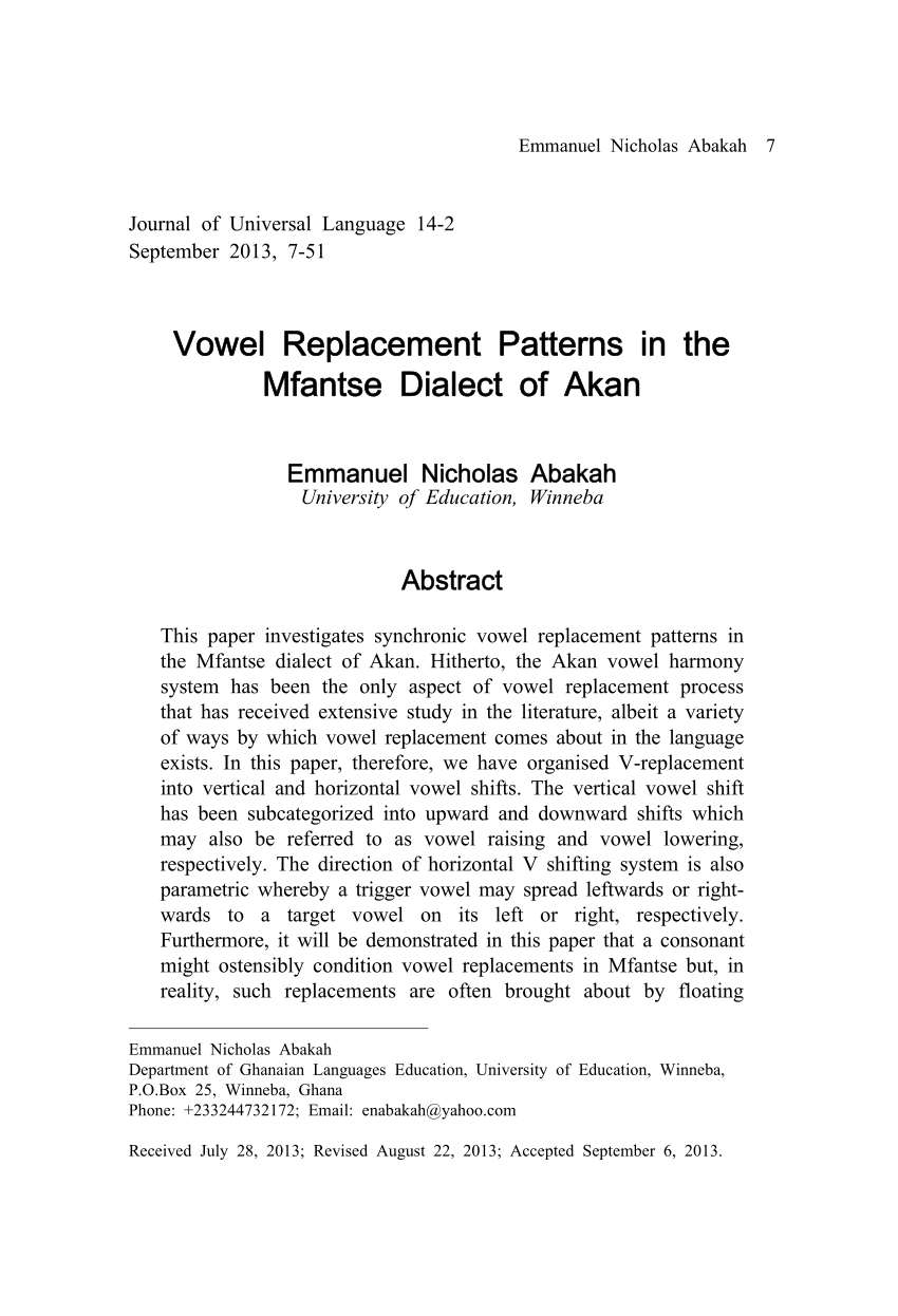 Pdf Vowel Replacement Patterns In The Mfantse Dialect Of Akan