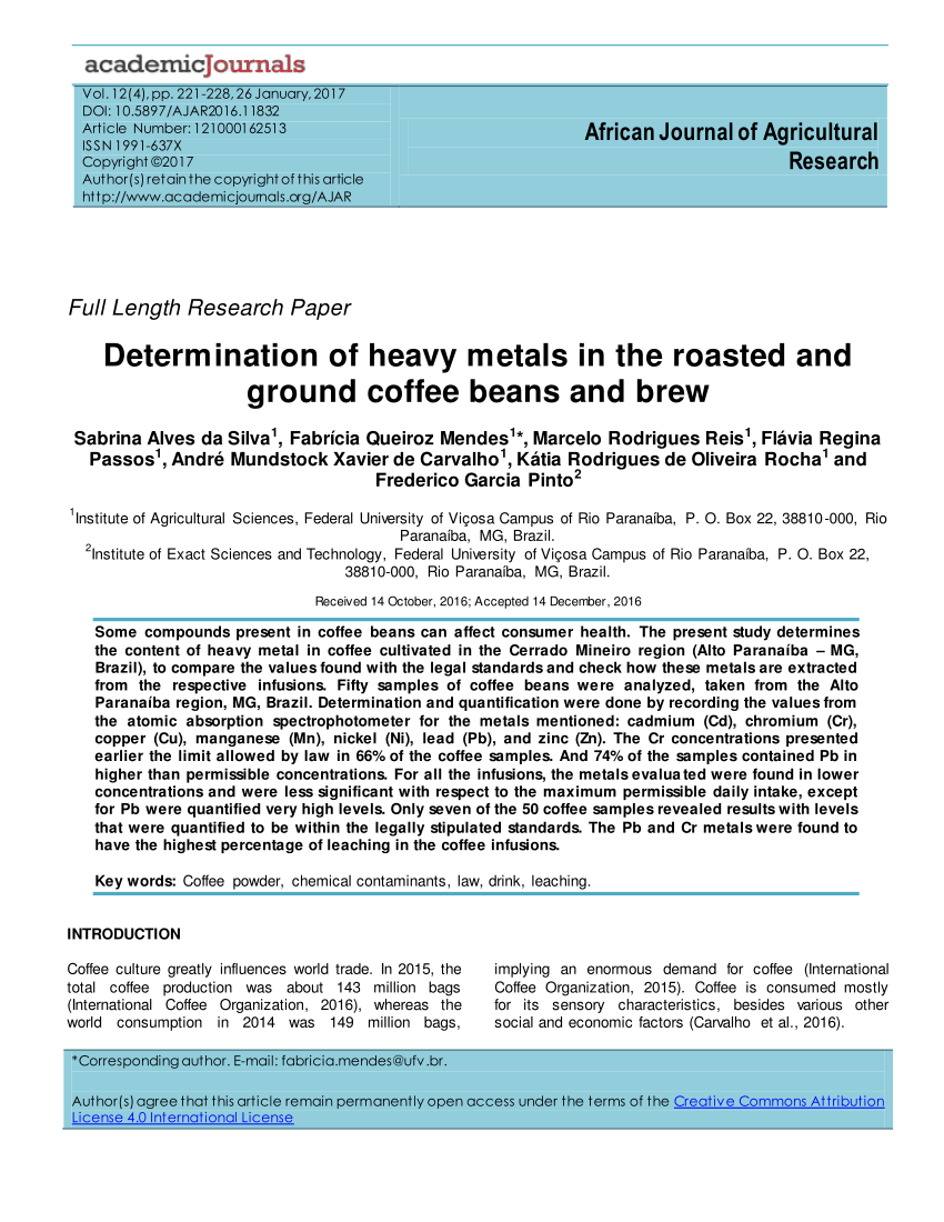 Pdf Determination Of Heavy Metals In The Roasted And Ground Coffee Beans And Brew