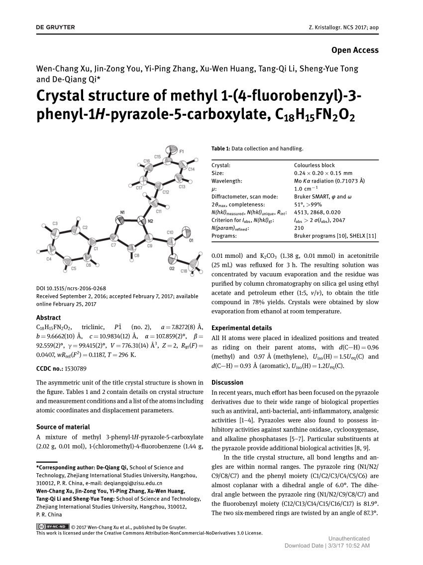 Pdf Crystal Structure Of Methyl 1 4 Fluorobenzyl 3 Phenyl 1h Pyrazole 5 Carboxylate C18h15fn2o2
