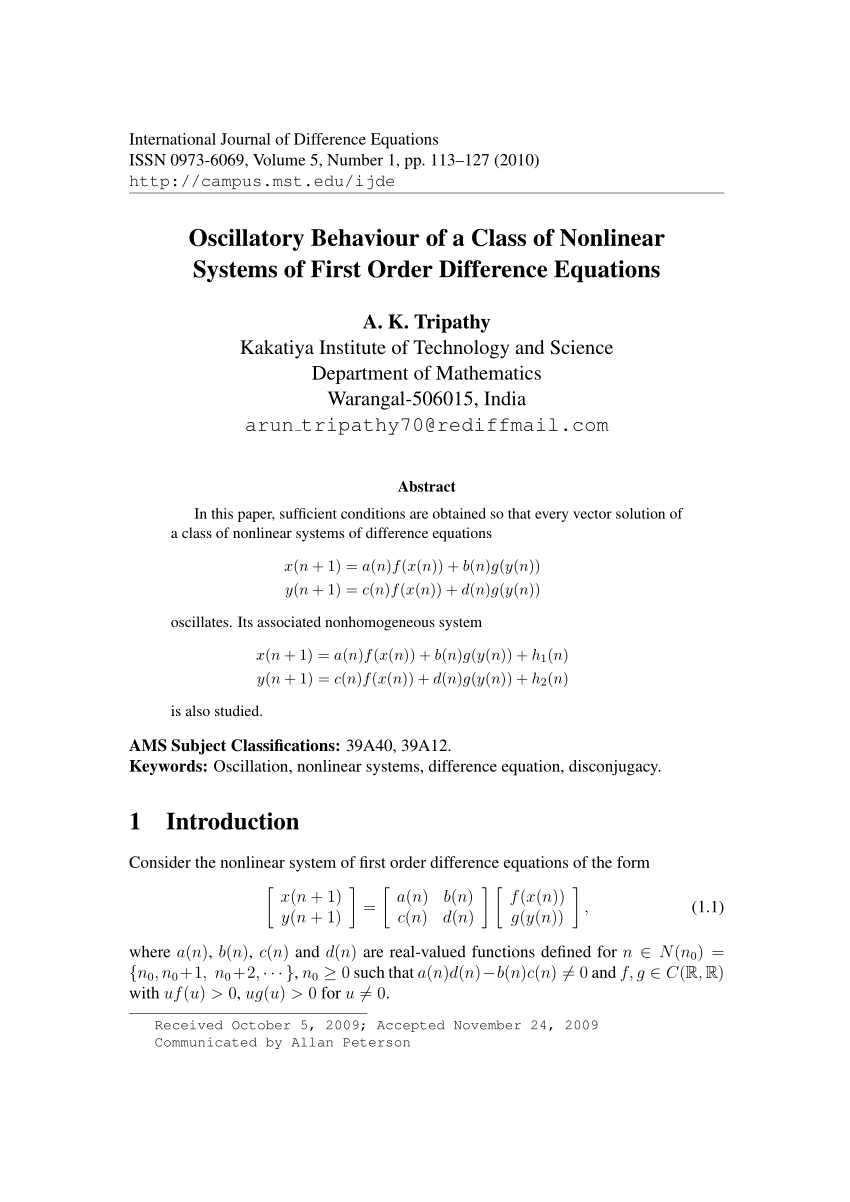 Pdf Oscillatory Behavior Of A Class Of Nonlinear System Of First Order Difference Equations