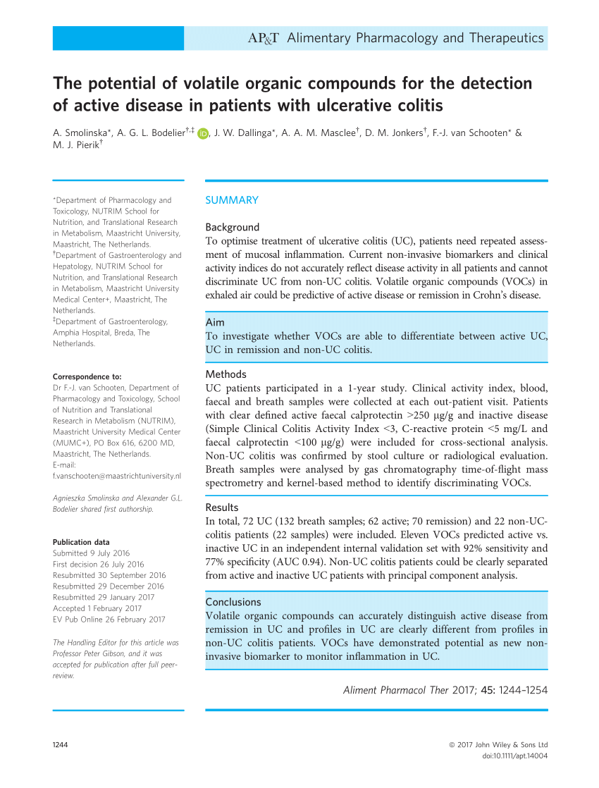 Pdf The Potential Of Volatile Organic Compounds For The Detection Of Active Disease In Patients With Ulcerative Colitis