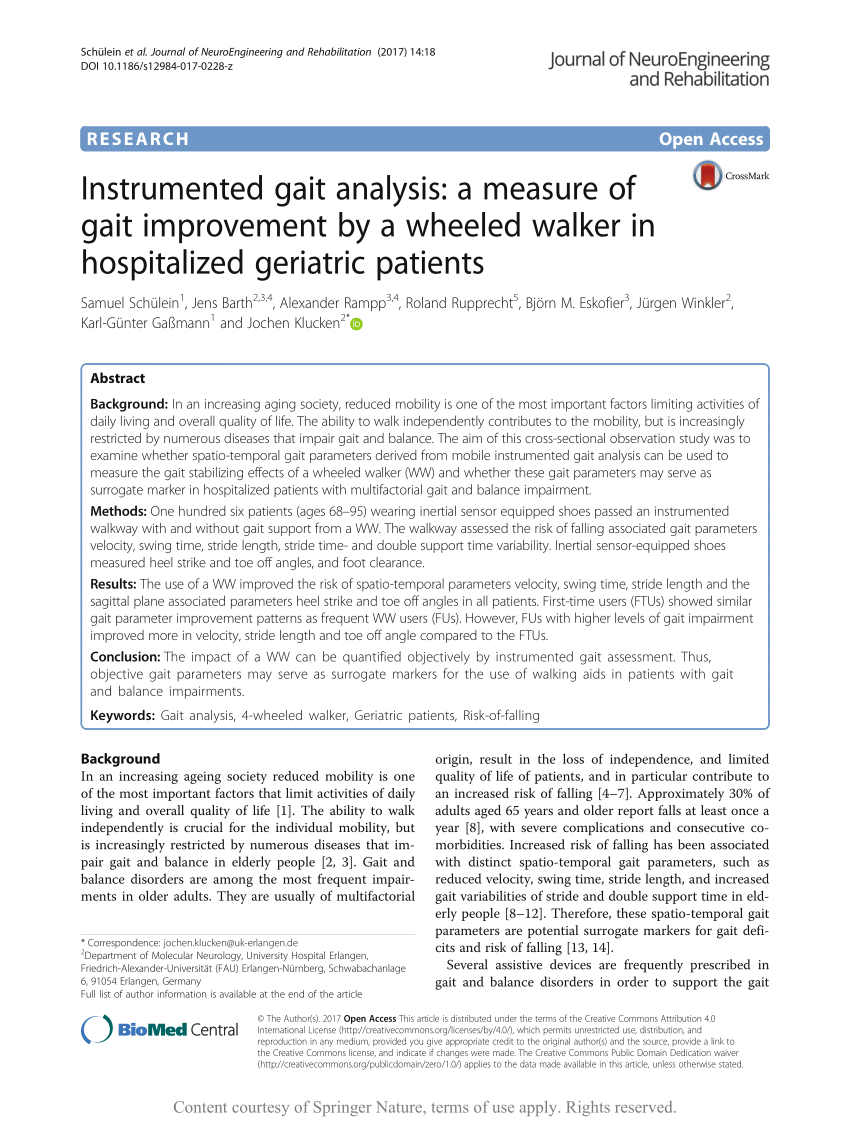 Pdf Instrumented Gait Analysis A Measure Of Gait Improvement By A Wheeled Walker In Hospitalized Geriatric Patients