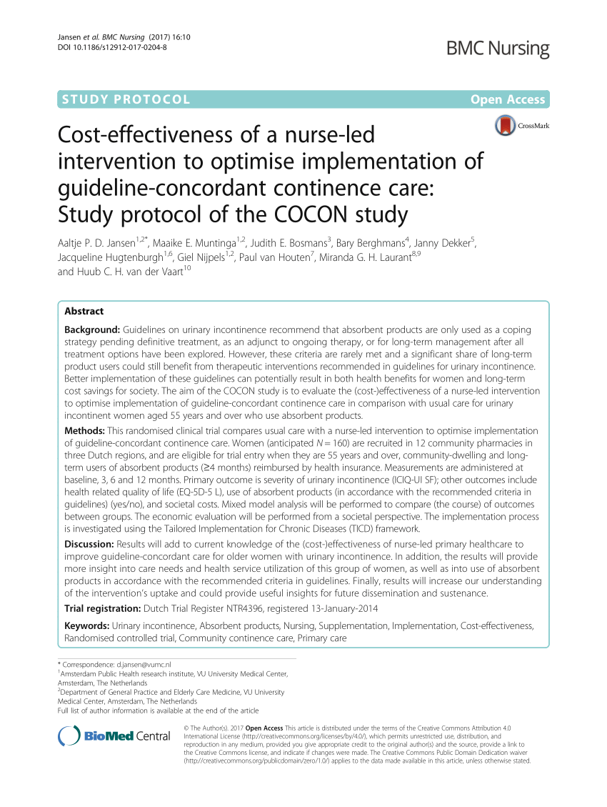 PDF) Effectiveness and costs of a new framework for selecting absorbent  urinary incontinence products compared with current practice: a cohort study