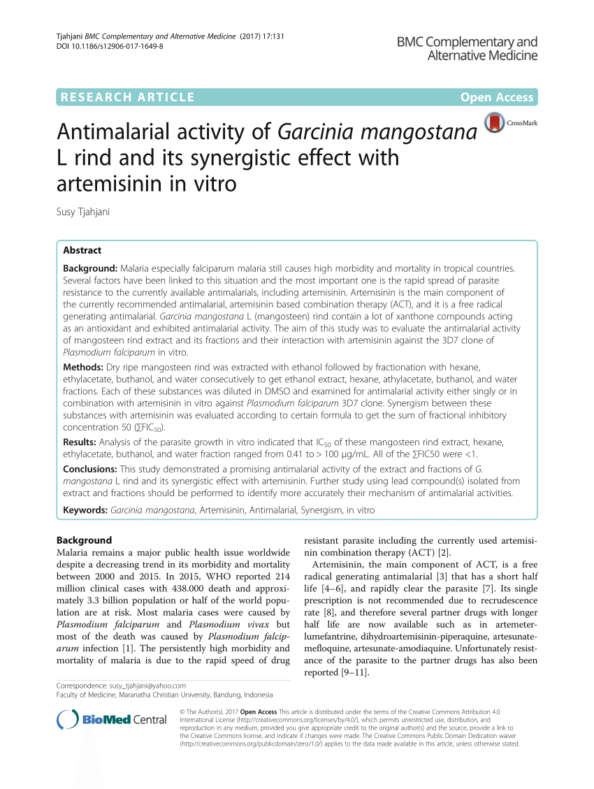 Pdf Antimalarial Activity Of Garcinia Mangostana L Rind And