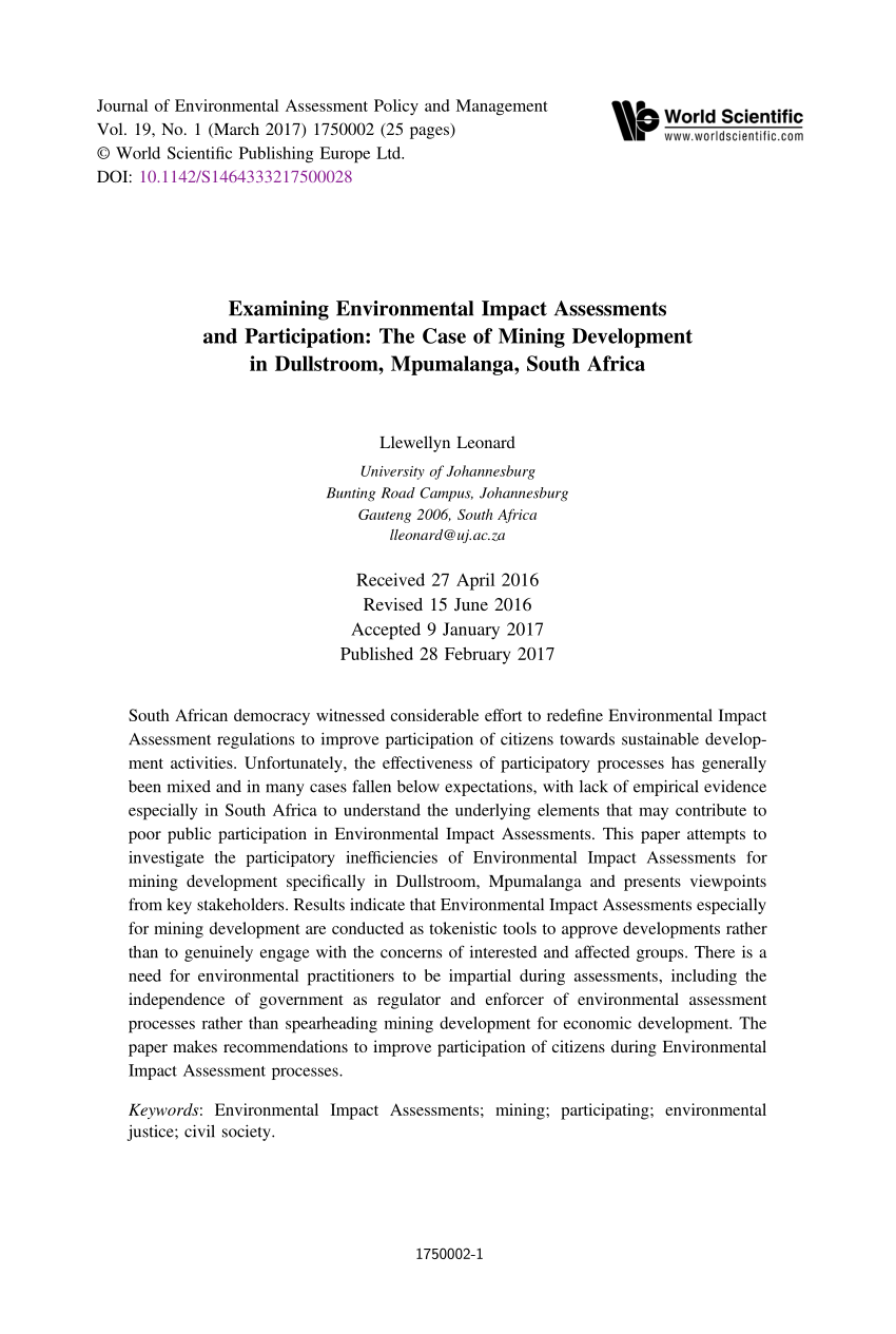 Pdf Examining Environmental Impact Assessments And Participation The Case Of Mining 0950