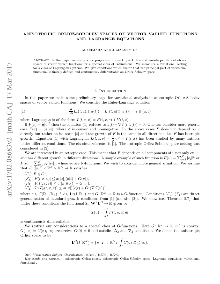 Pdf Anisotropic Orlicz Sobolev Spaces Of Vector Valued Functions And Lagrange Equations
