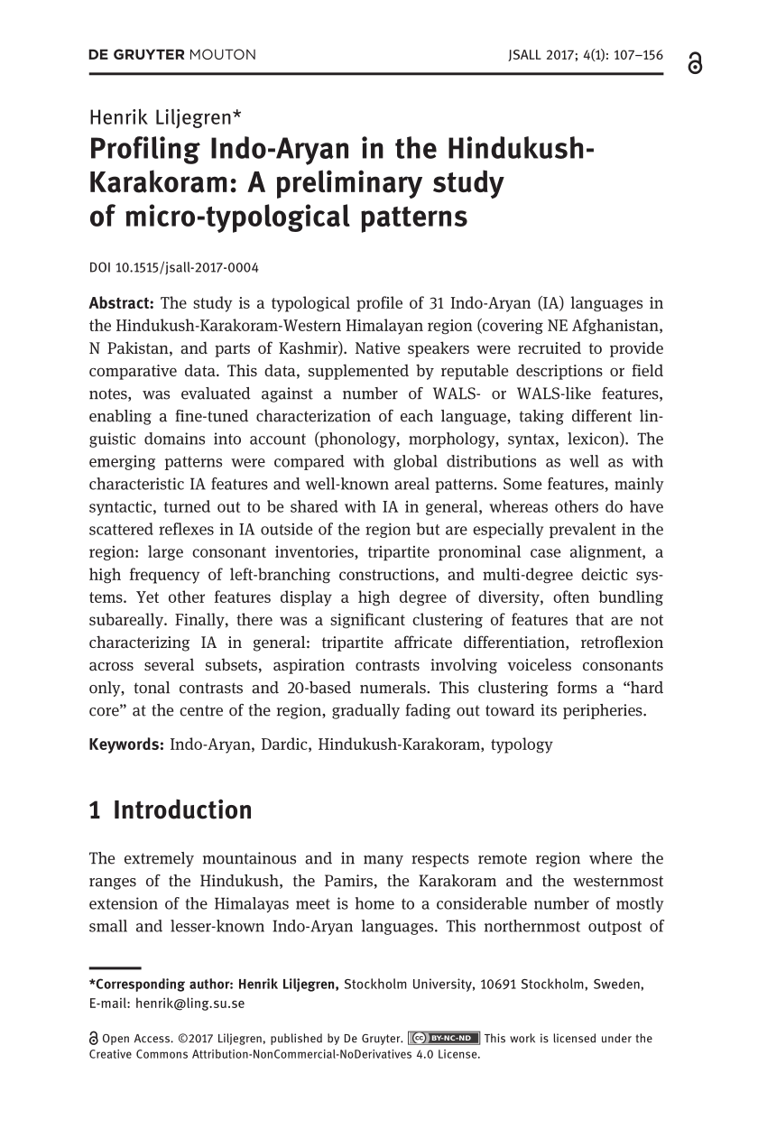 (PDF) Profiling Indo-Aryan in the Hindukush-Karakoram A preliminary study of micro-typological patterns