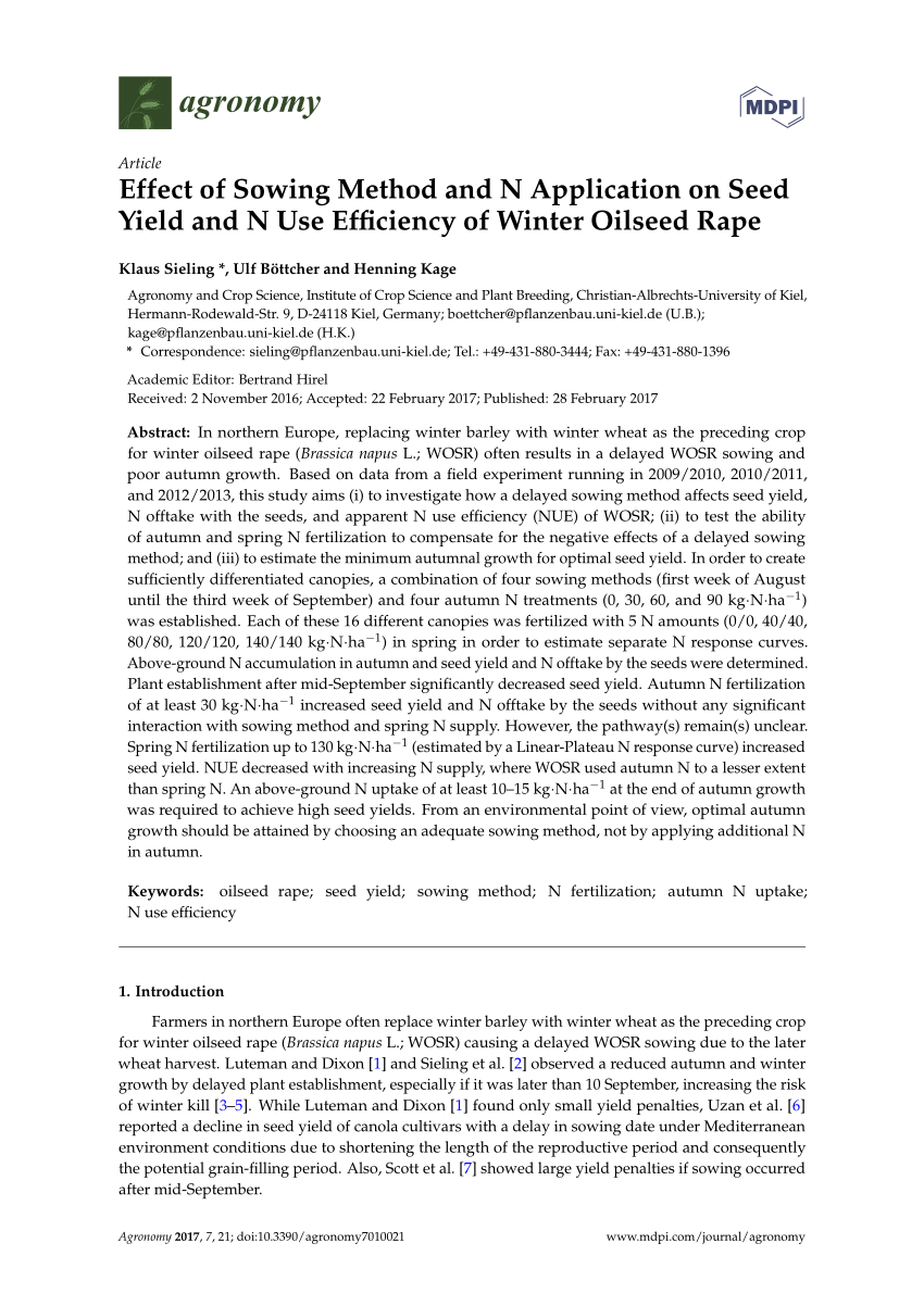 Pdf Effect Of Sowing Method And N Application On Seed Yield And N Use Efficiency Of Winter Oilseed Rape