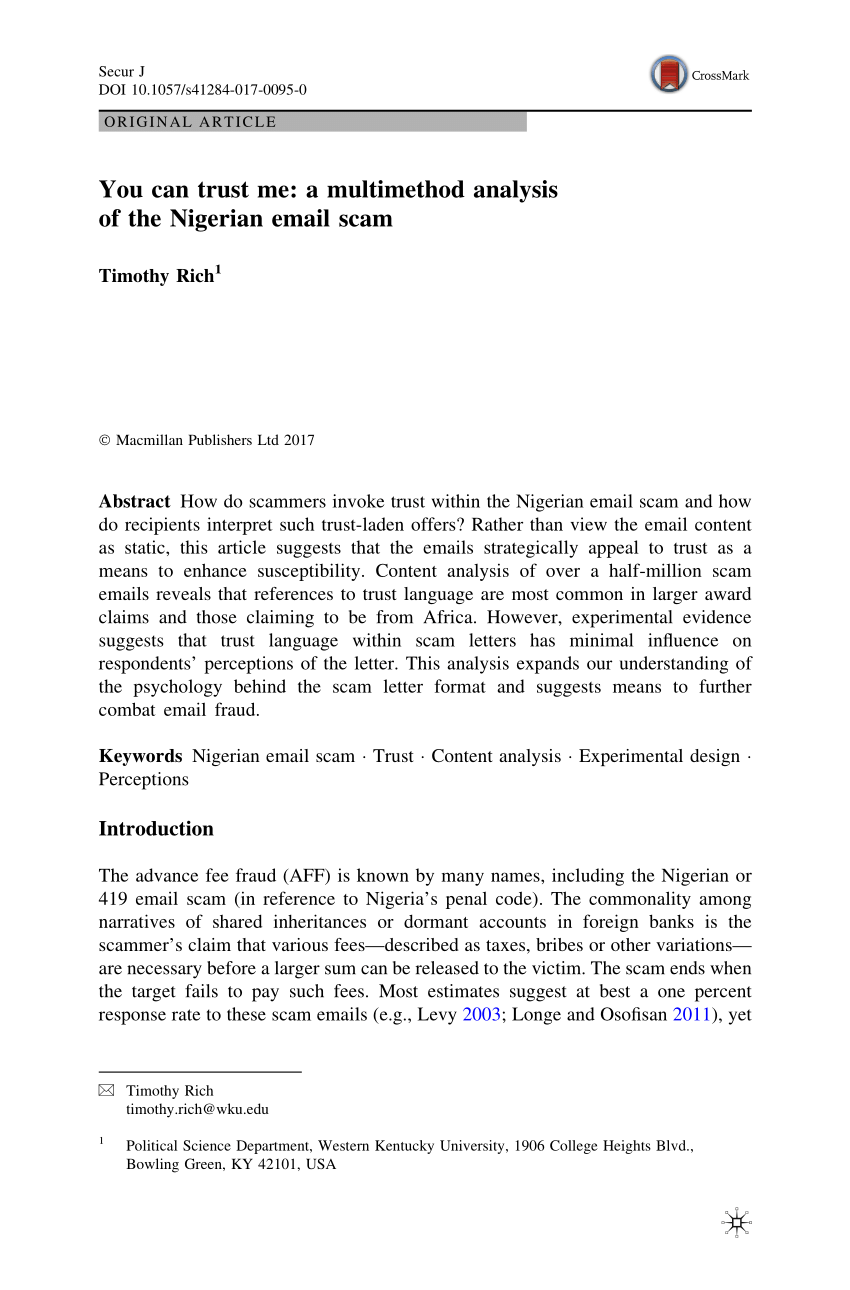 (PDF) You can trust me: a multimethod analysis of the Nigerian email scam