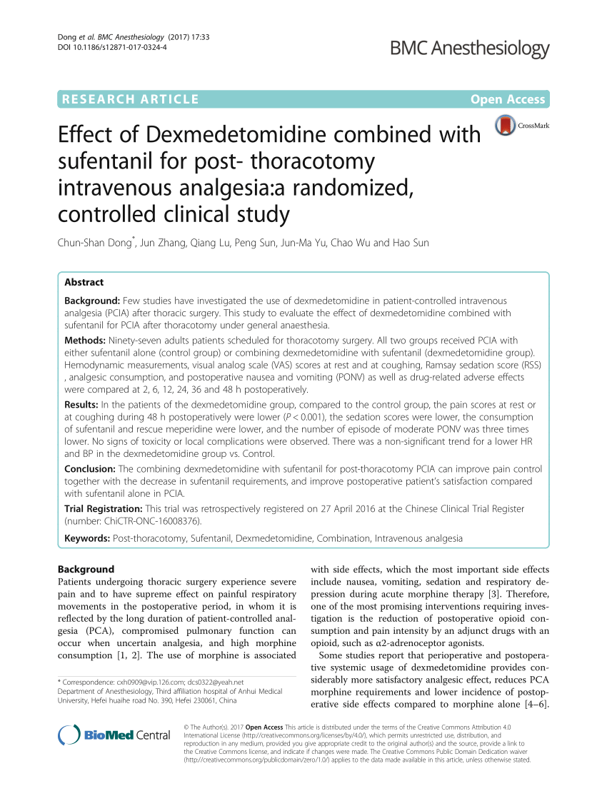 PDF) Effect of Dexmedetomidine combined with sufentanil for post-  thoracotomy intravenous analgesia: A randomized, controlled clinical study