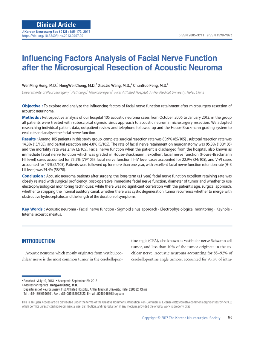 Pdf Influencing Factors Analysis Of Facial Nerve Function After The Microsurgical Resection Of 5374