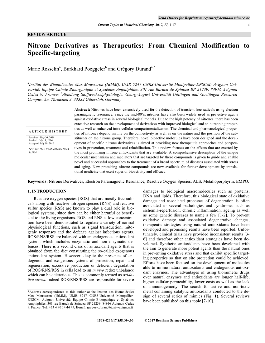 Pdf Nitrone Derivatives As Therapeutics From Chemical Modification To Specific Targeting
