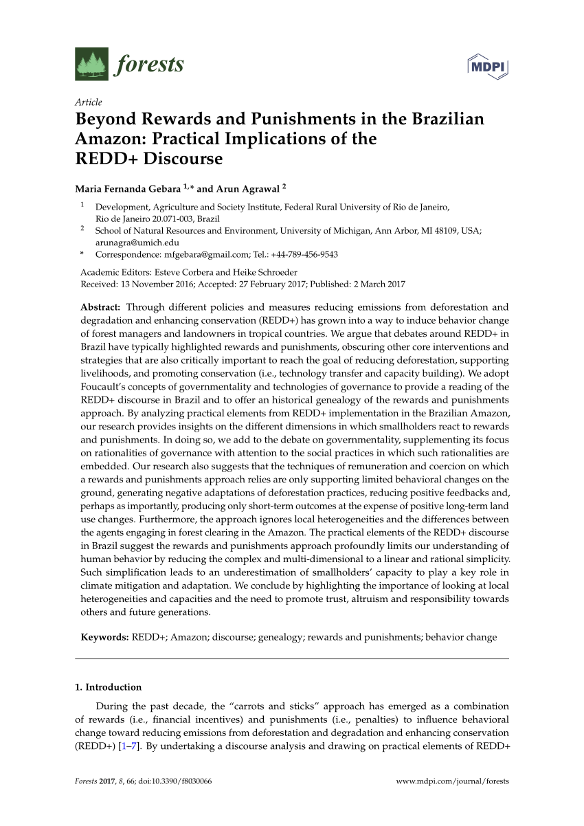 Pdf Beyond Rewards And Punishments In The Brazilian Amazon Practical Implications Of The Redd Discourse