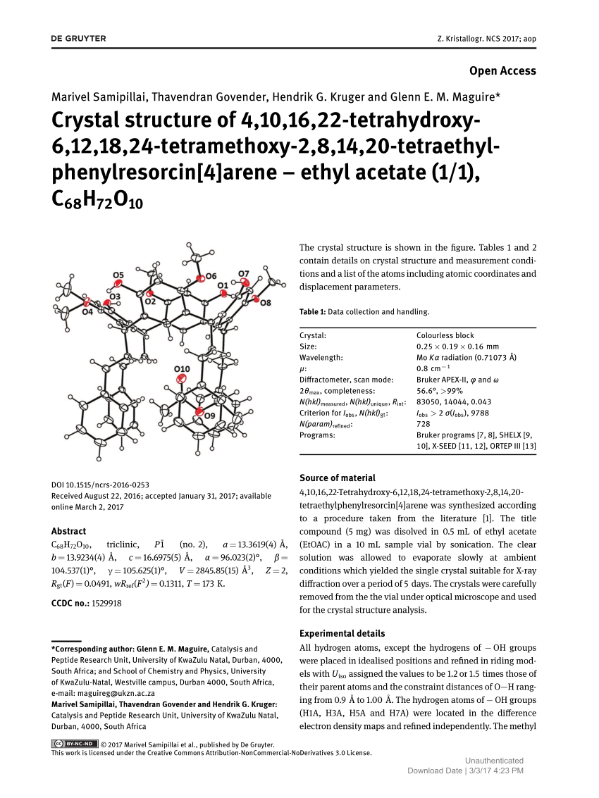 Pdf Crystal Structure Of 4 10 16 22 Tetrahydroxy 6 12 18 24 Tetramethoxy 2 8 14 Tetraethylphenylresorcin 4 Arene Ethyl Acetate 1 1 C68h72o10