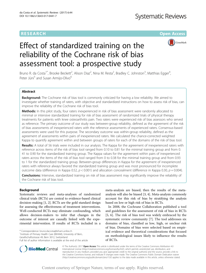 Pdf Effect Of Standardized Training On The Reliability Of The Cochrane Risk Of Bias Assessment Tool A Prospective Study