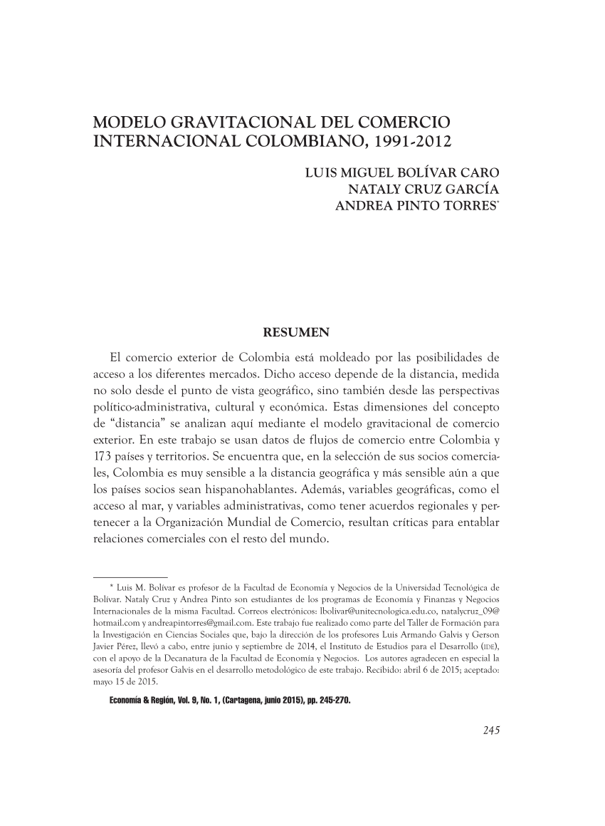 PDF) Modelo gravitacional del comercio internacional colombiano, 1991 - 2012