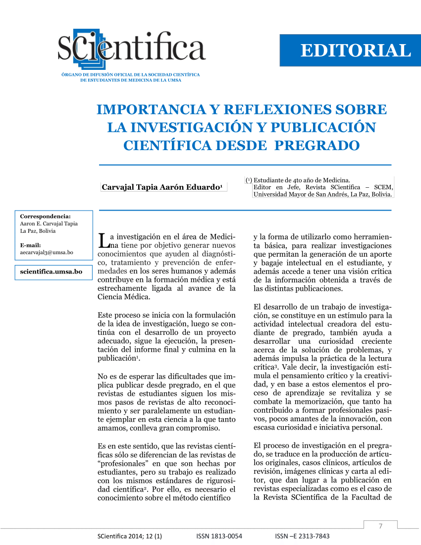 PDF) Importancia y reflexiones sobre la investigación y publicación  científica desde pregrado