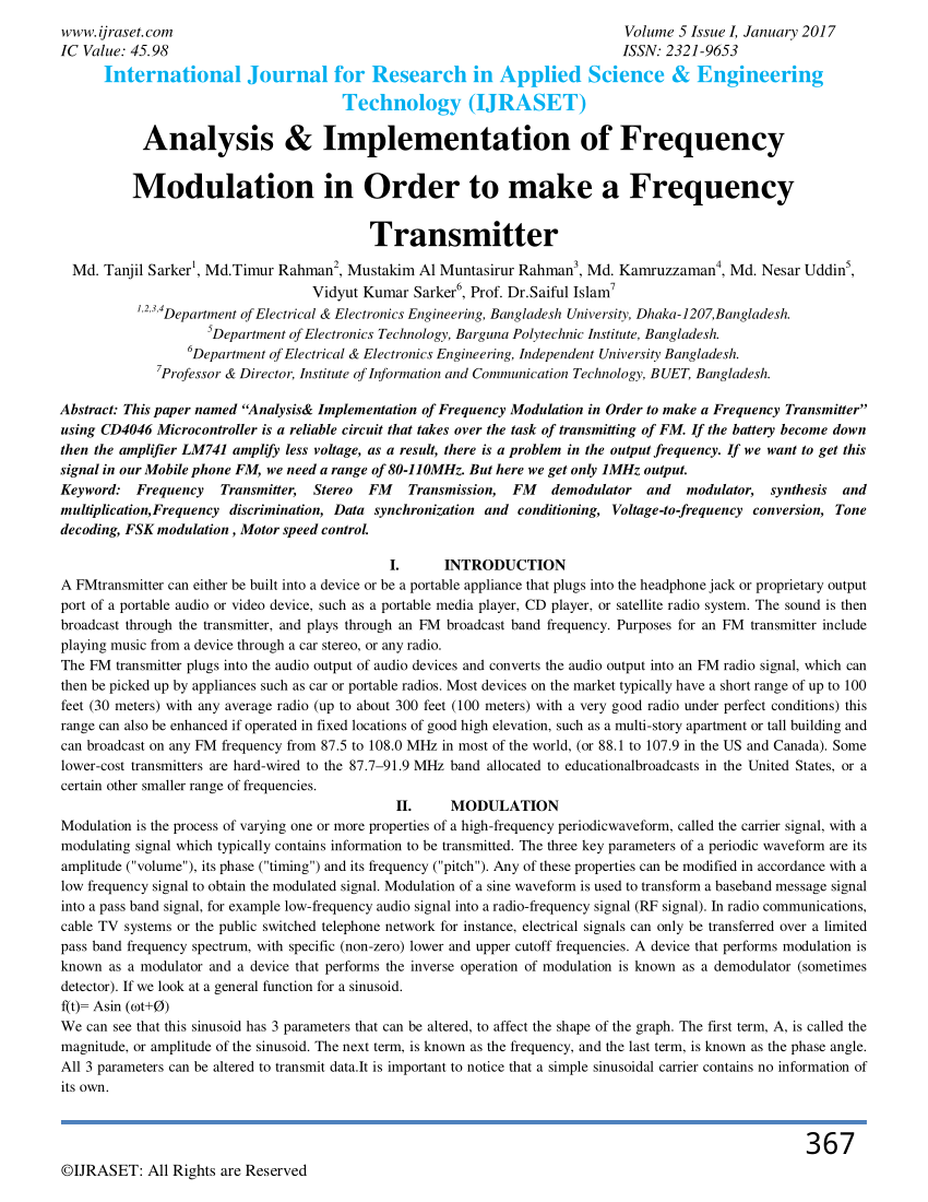 PDF) Analysis & Implementation of Frequency Modulation in Order to make a  Frequency Transmitter