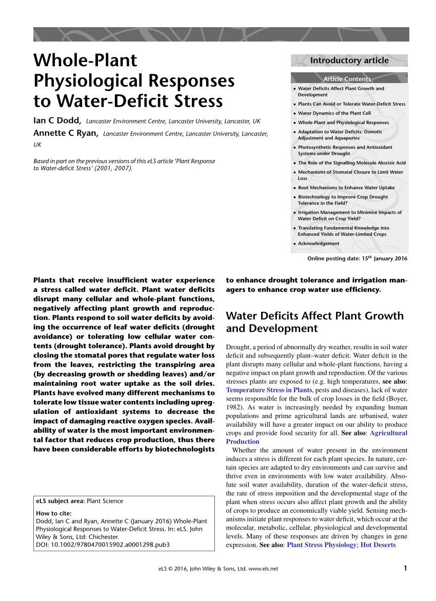 Pdf Whole Plant Physiological Responses To Water Deficit Stress