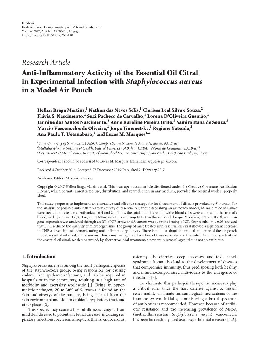 PDF) Anti-Inflammatory Activity of the Essential Oil Citral in Experimental  Infection with Staphylococcus aureus in a Model Air Pouch