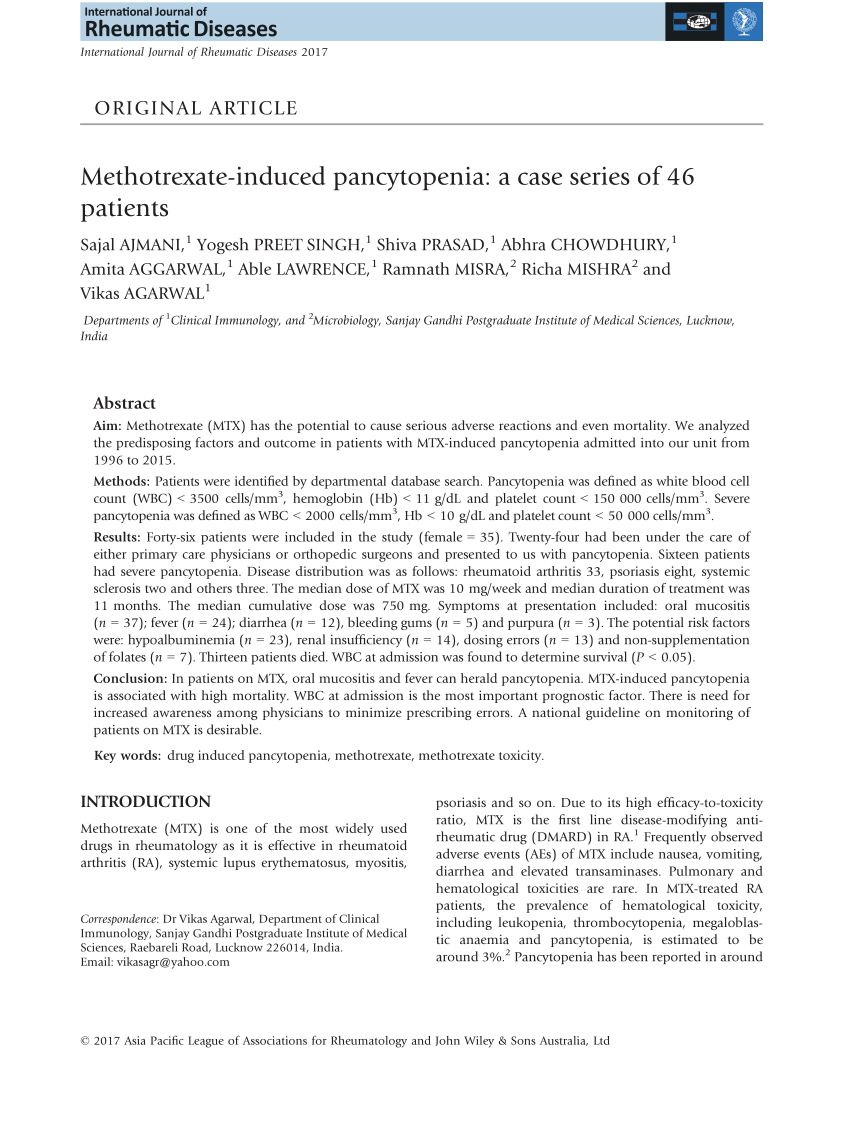 Pdf Methotrexate Induced Pancytopenia A Case Series Of 46 Patients