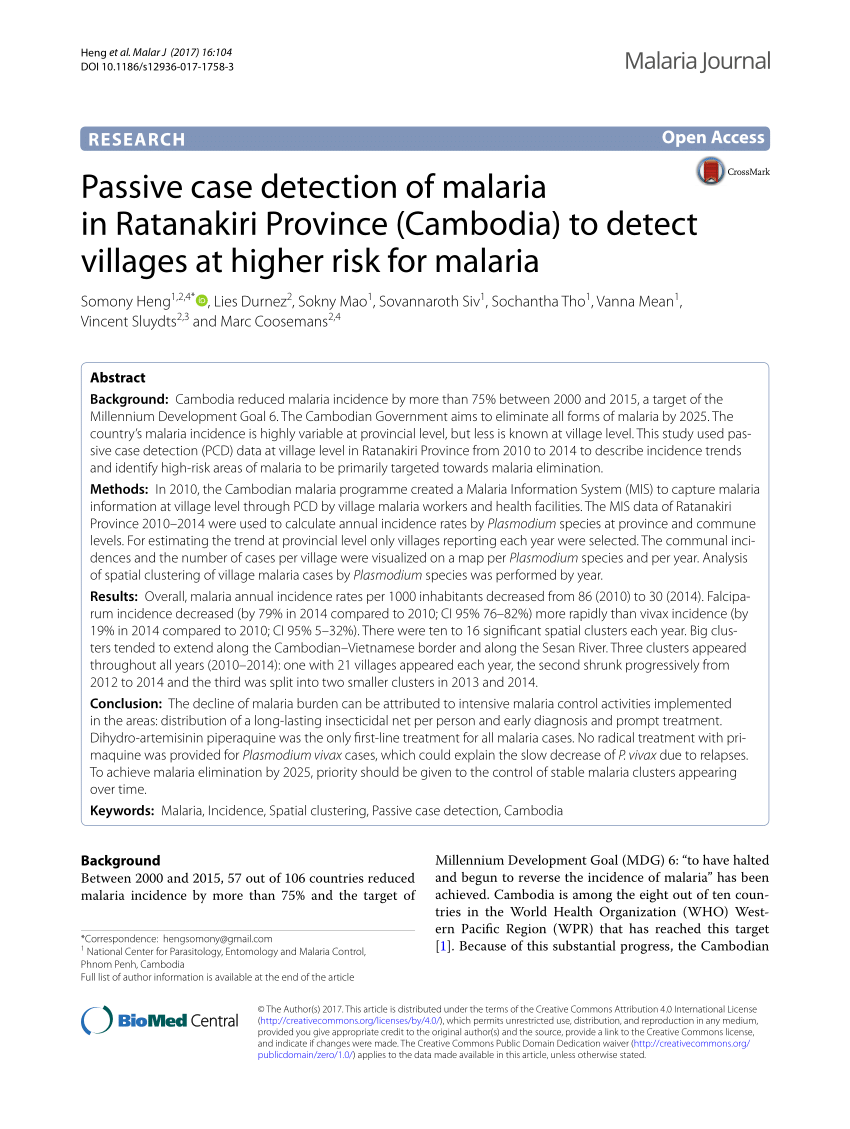 PDF) Passive case detection of malaria in Ratanakiri (Cambodia) to villages at higher risk for