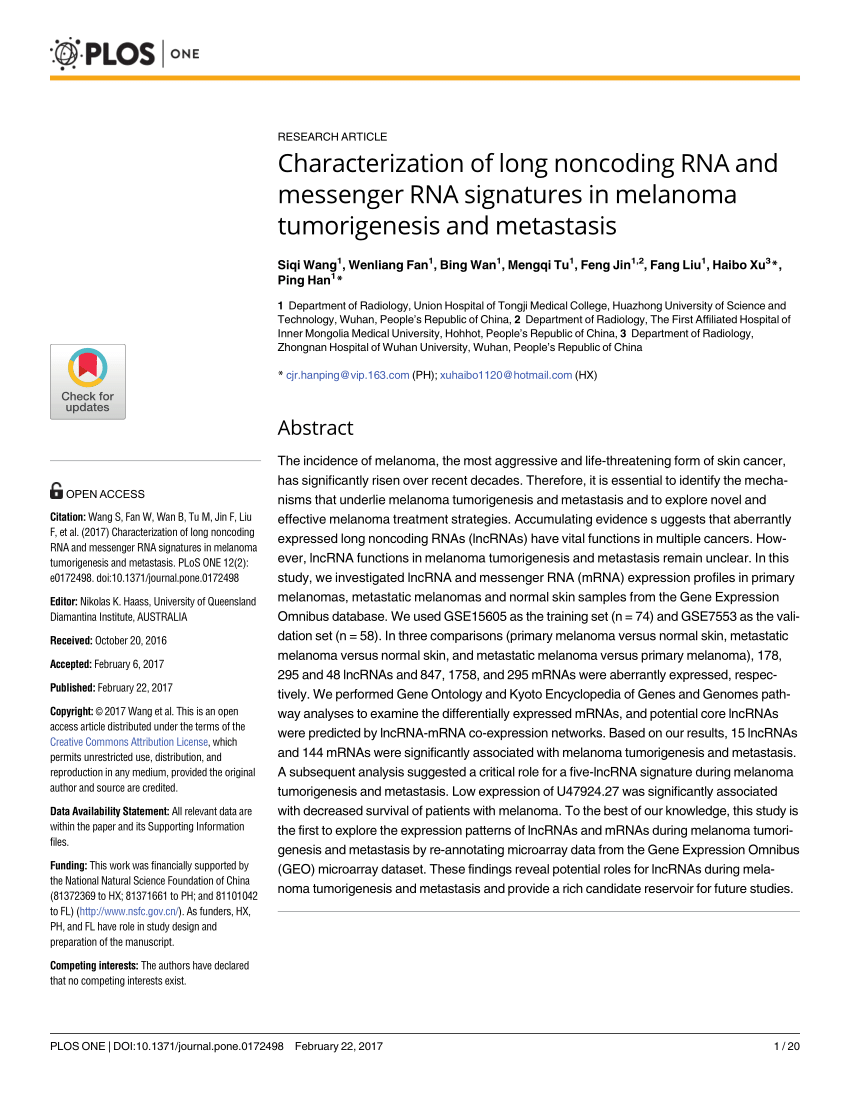 Characterization of long noncoding RNA and messenger RNA signatures in  melanoma tumorigenesis and metastasis