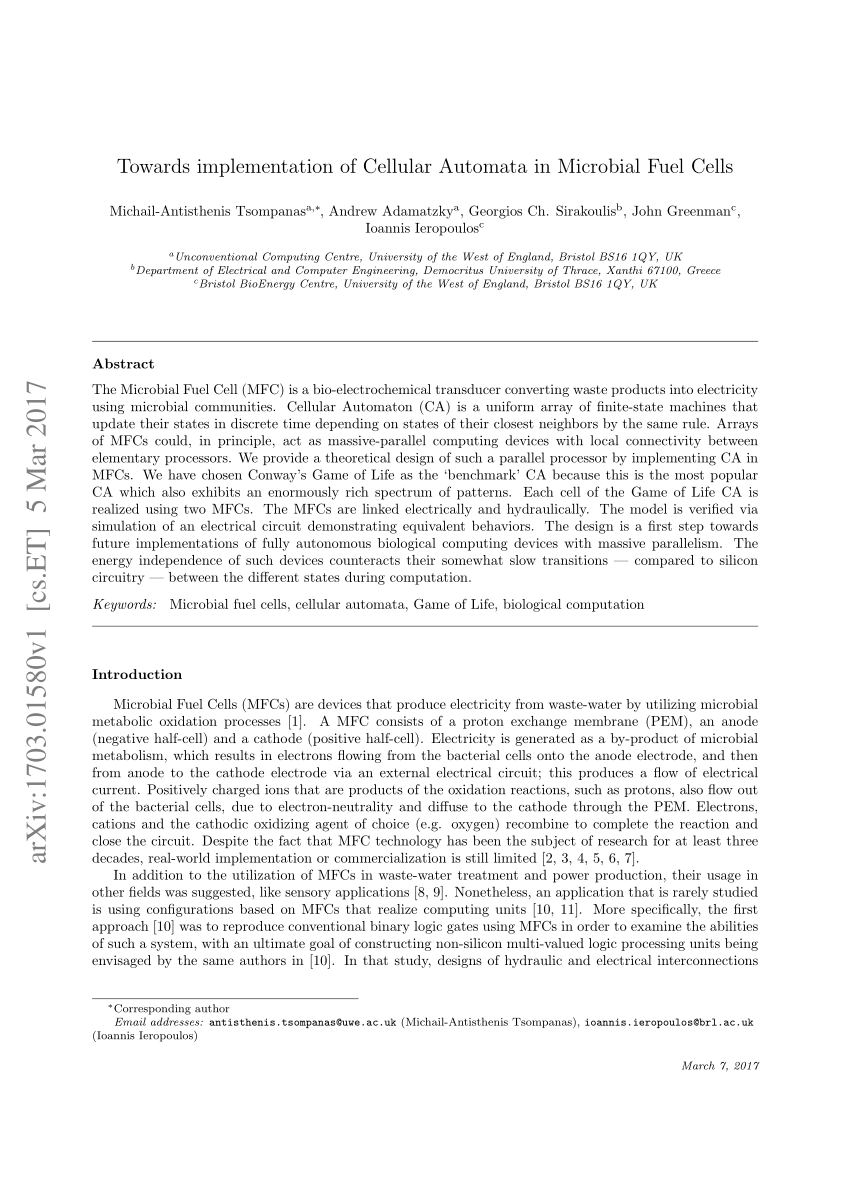 PDF Towards implementation of Cellular Automata in Microbial Fuel