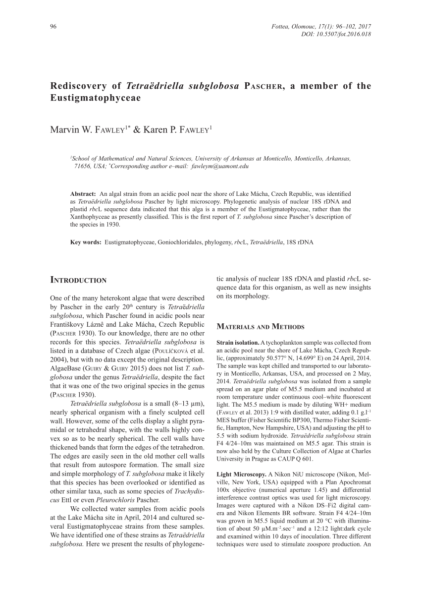 PDF) Rediscovery of Tetraedriella subglobosa Pascher, a member of the  Eustigmatophyceae