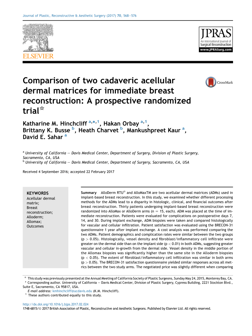 Pdf A Comparison Of Two Cadaveric Acellular Dermal Matrices For Immediate Breast Reconstruction A Prospective Randomized Trial
