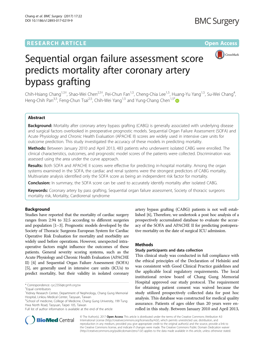 Pdf Sequential Organ Failure Assessment Score Predicts Mortality After Coronary Artery Bypass Grafting