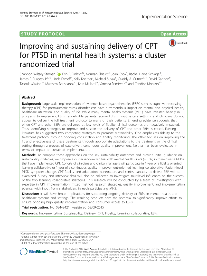 Pdf Improving And Sustaining Delivery Of Cpt For Ptsd In Mental Health Systems A Cluster Randomized Trial