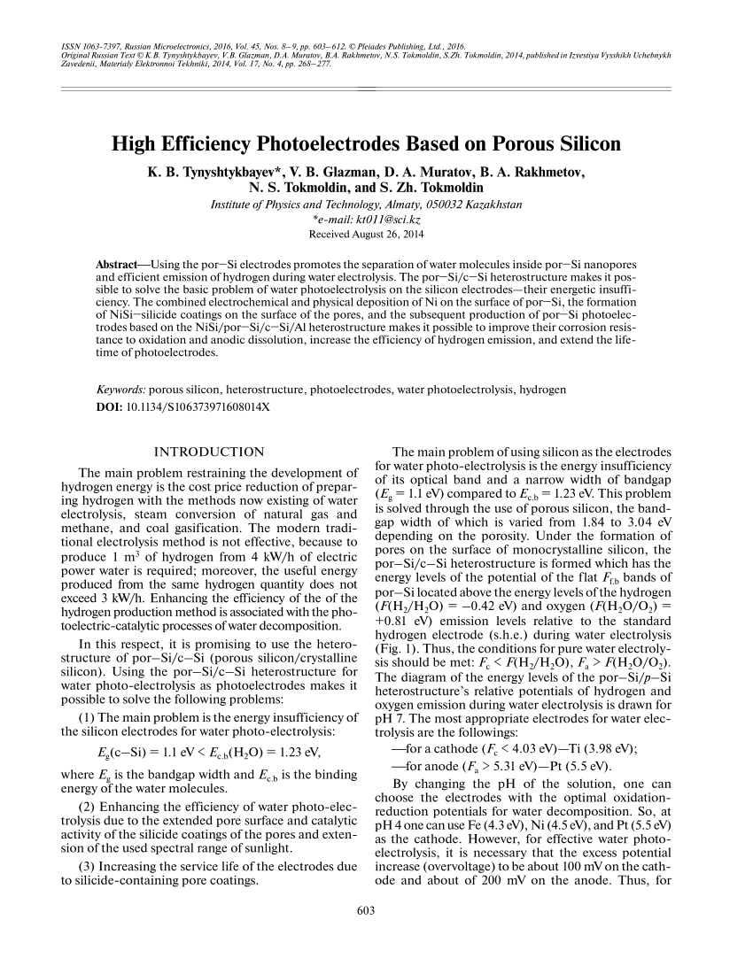 Pdf High Efficiency Photoelectrodes Based On Porous Silicon