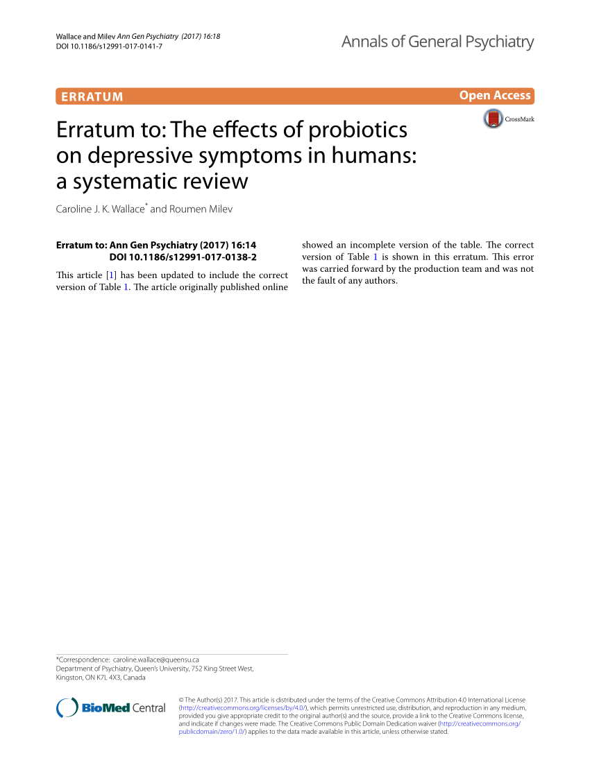 Erratum to: The effects of probiotics on depressive symptoms in humans: a systematic review (PDF Download Available)
