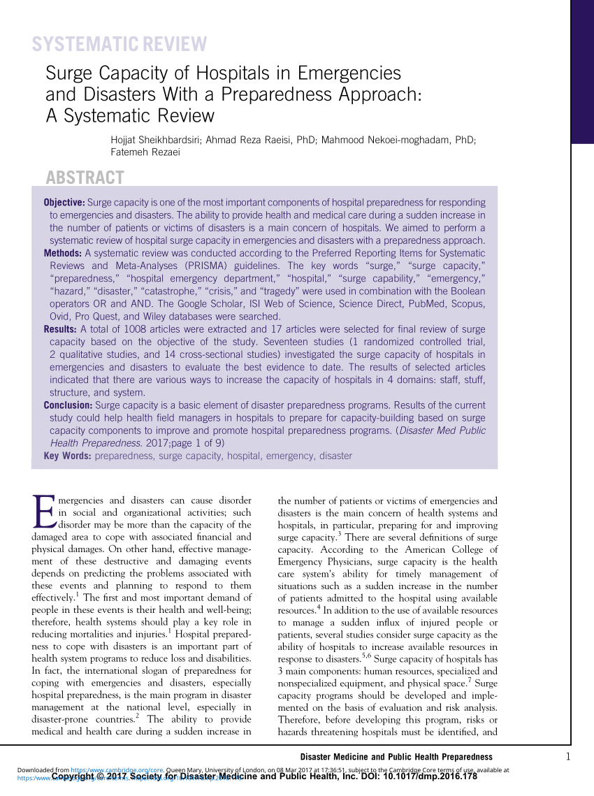 Pdf Surge Capacity Of Hospitals In Emergencies And Disasters With A Preparedness Approach A Systematic Review