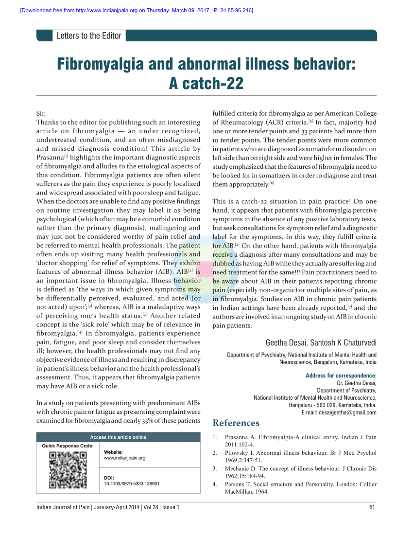 Pdf Fibromyalgia And Abnormal Illness Behavior A Catch 22