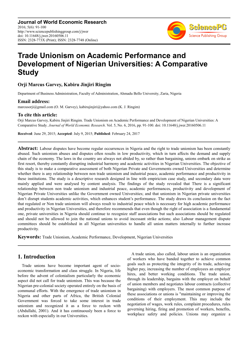 Pdf Trade Unionism On Academic Performance And Development Of Nigerian Universities A Comparative Study