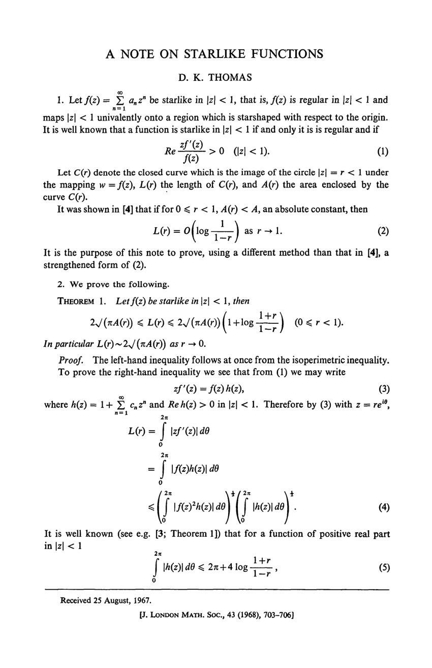 Pdf A Note On Starlike Functions