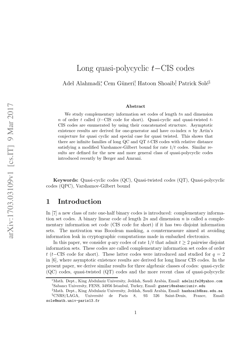 (PDF) Long quasi-polycyclic $t-$CIS codes