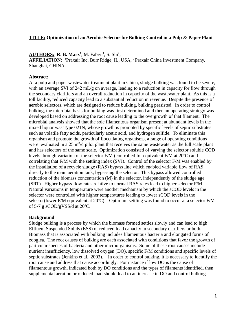 Table 1.1 from Bulking sludge control. Kinetics, substrate storage