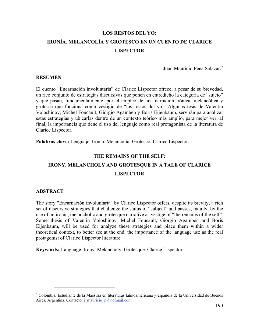 PDF) Los restos del yo: ironía, melancolía y grotesco en un cuento de  Clarice Lispector